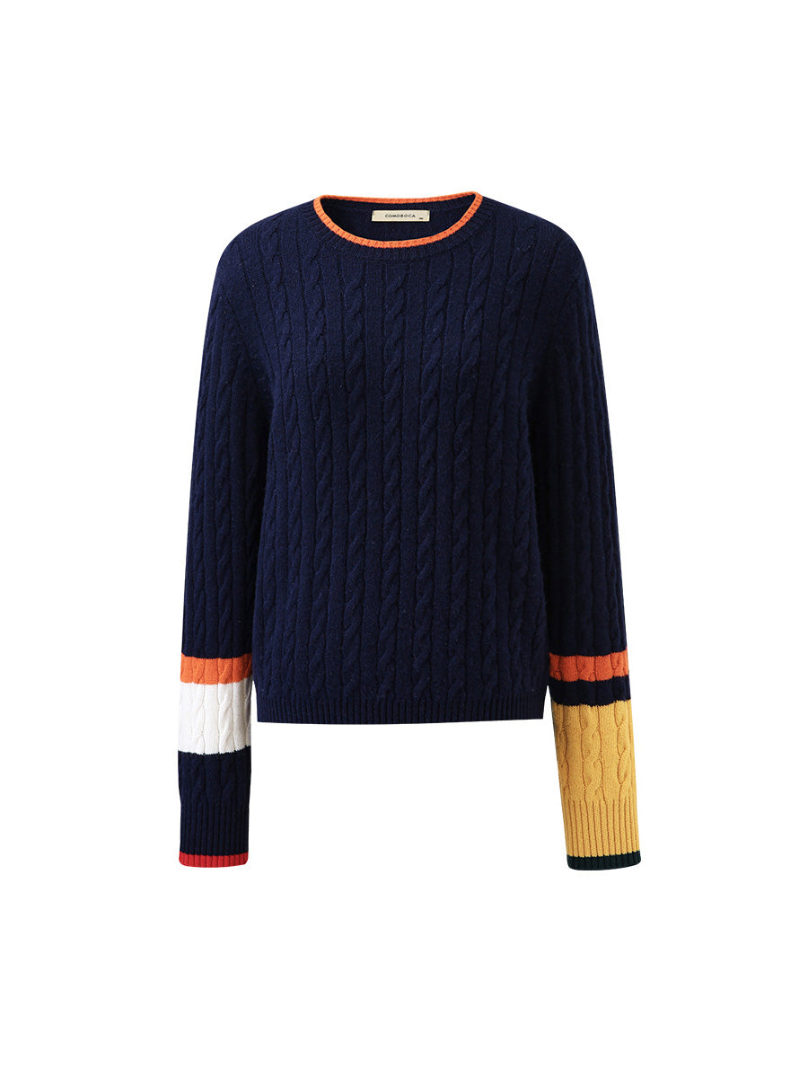 COMOBOCA 100% Wool Women's Colorblock Cable Knit Sweater