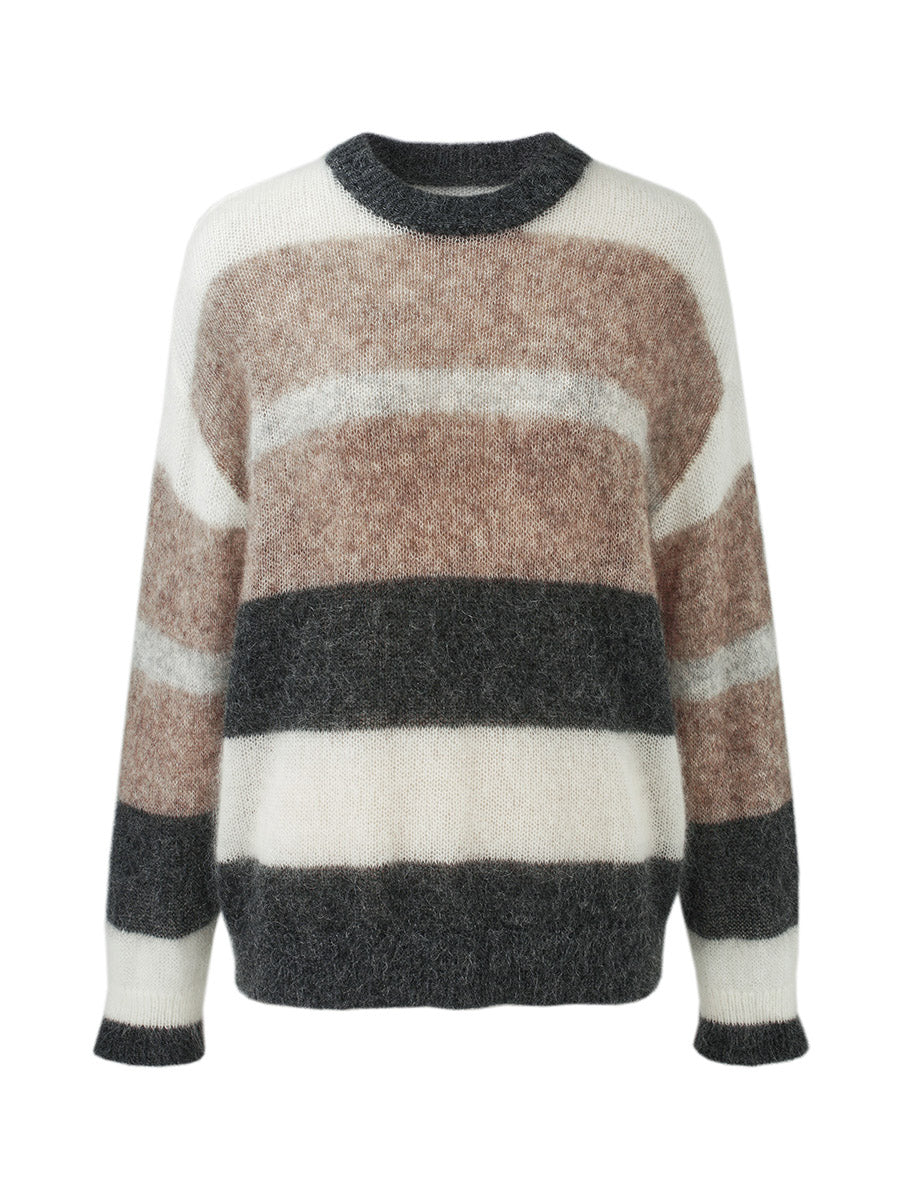COMOBOCA Women's Mohair Striped Round Neck Sweater