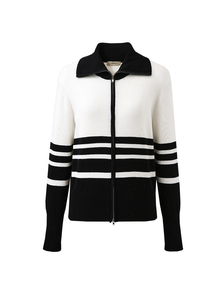 COMOBOCA 100% Wool Women's Striped Zip-Up Cardigan