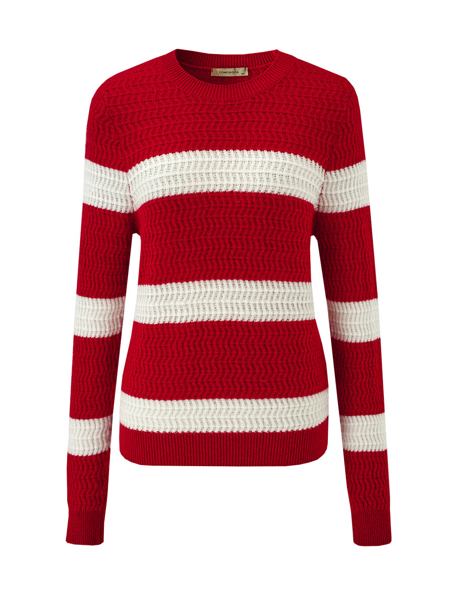 COMOBOCA 100% Cashmere Women's Striped Round Neck Sweater