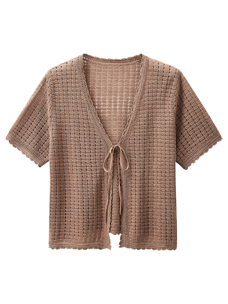 COMOBOCA Women's Linen Crochet Tie Short Sleeve Cardigan
