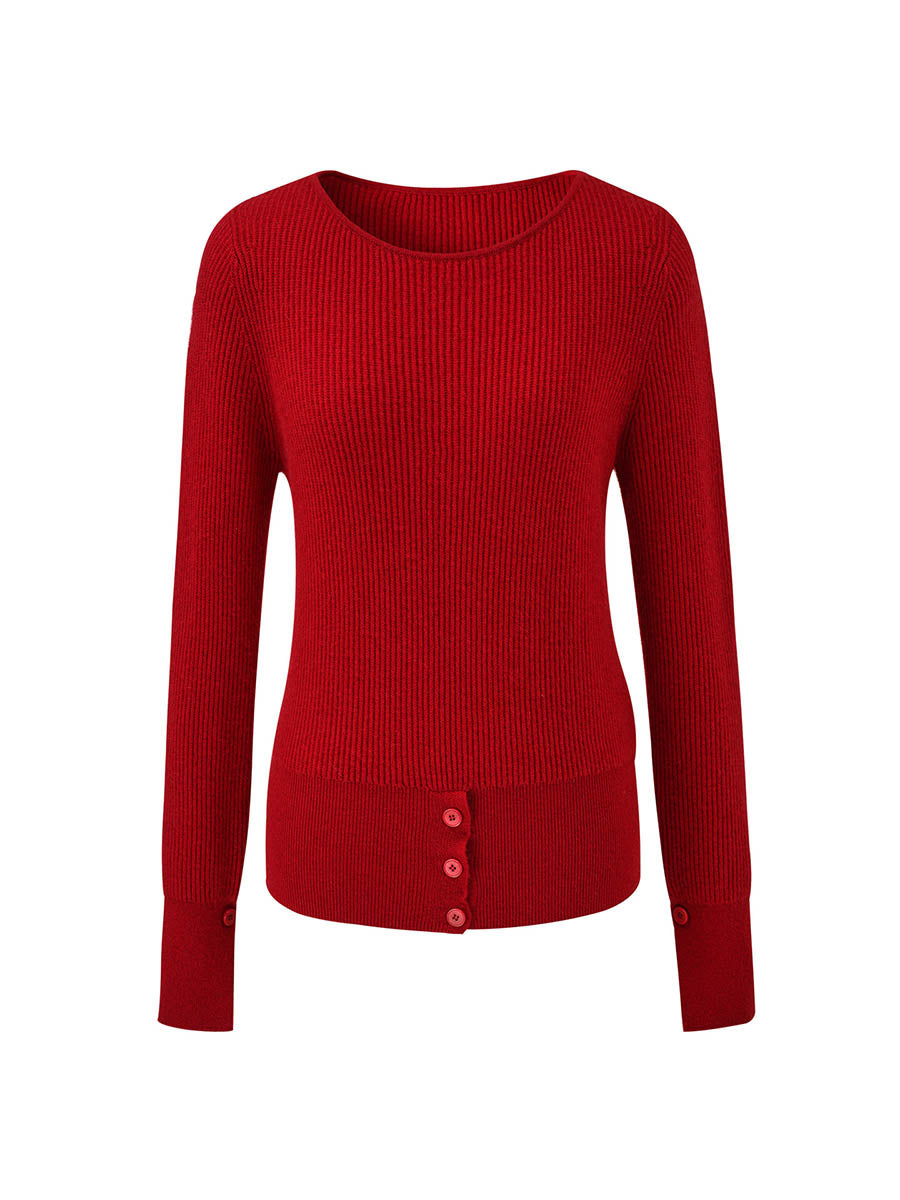 COMOBOCA 100% Cashmere Women's Round Neck Button Ribbed Knit Sweater