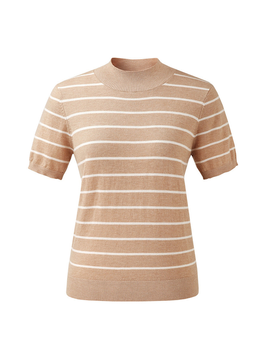 COMOBOCA 100% Wool Women's Mock Neck Striped Ribbed T-Shirt