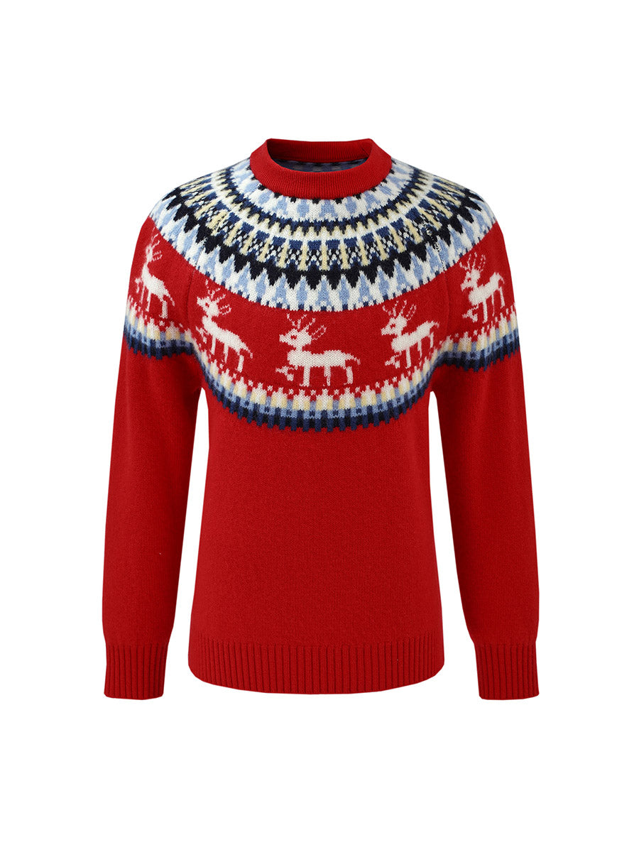 COMOBOCA 100% Wool Kids' Fair Isle Reindeer Round Neck Sweater