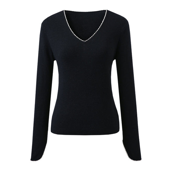COMOBOCA 100% Wool Women's V-Neck With Pearl Accents Sweater