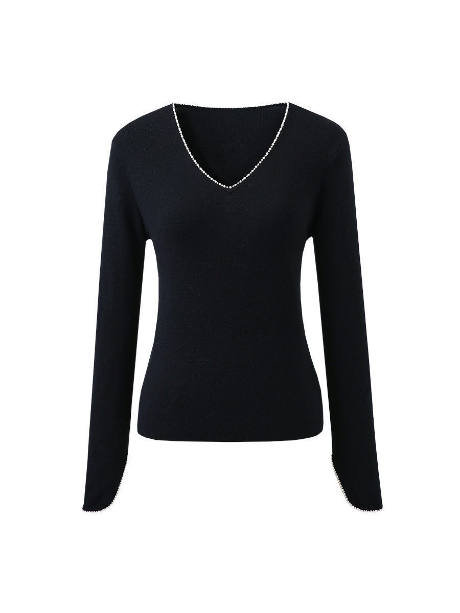 COMOBOCA 100% Wool Women's V-Neck With Pearl Accents Sweater