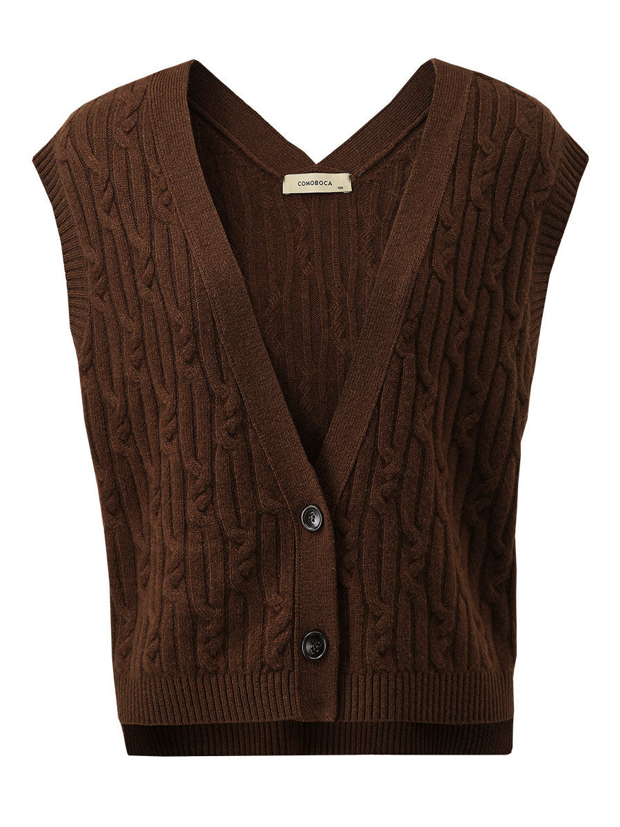 COMOBOCA 100% Wool Women's Cable Knit Button-Front Vest