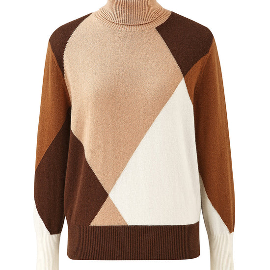 COMOBOCA 100% Cashmere Women's Color Block Turtleneck Sweater