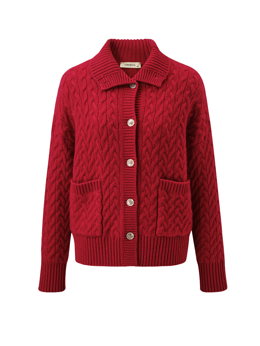 COMOBOCA 100% Cashmere Women's Cable Knit Pocket Cardigan