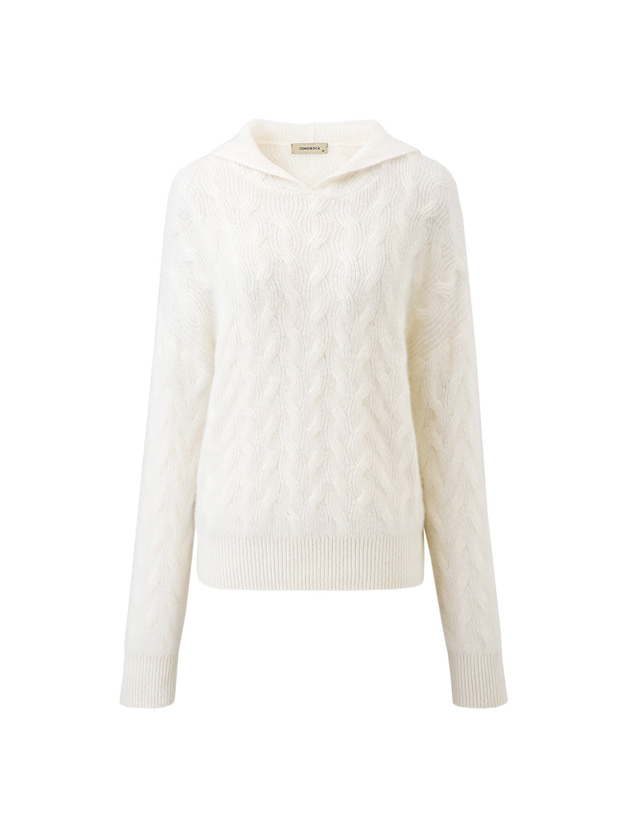 COMOBOCA 100% Cashmere Women's Cable Knit Hooded Sweater