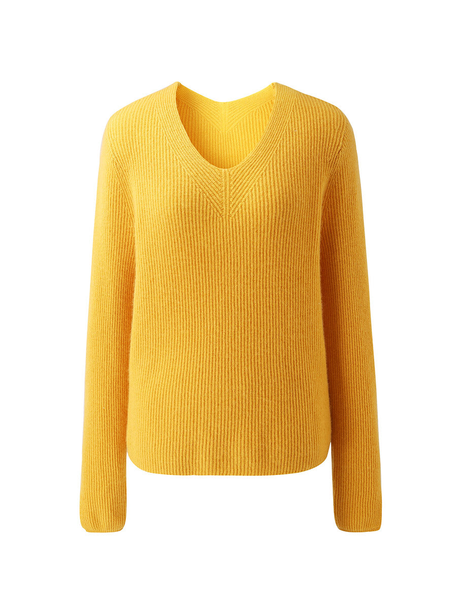 COMOBOCA 100% Cashmere Women's V-Neck Ribbed Knit Sweater