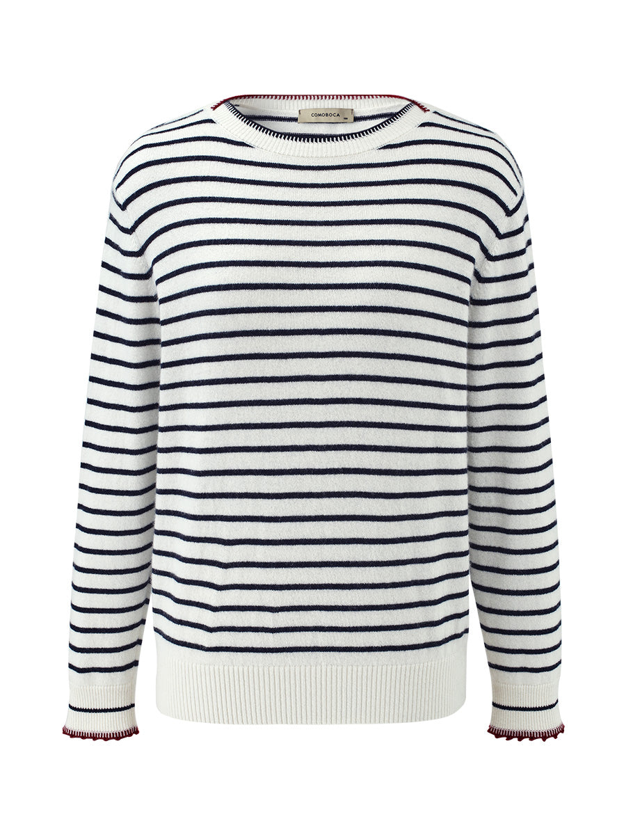COMOBOCA 100% Cashmere Women's Striped Round Neck Sweater