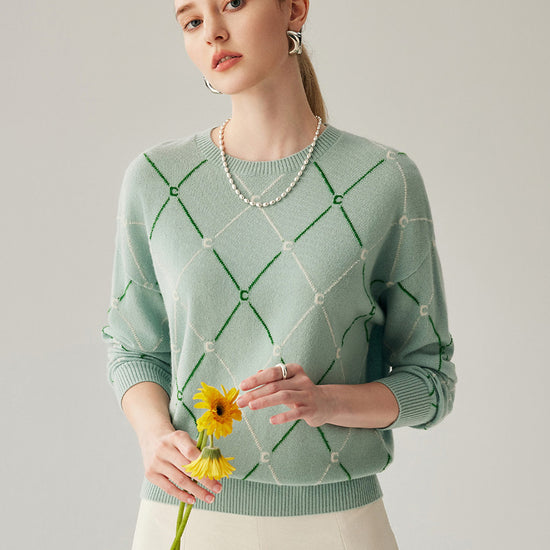 COMOBOCA 100% Cashmere Women's Diamond Patterned Round Neck Sweater
