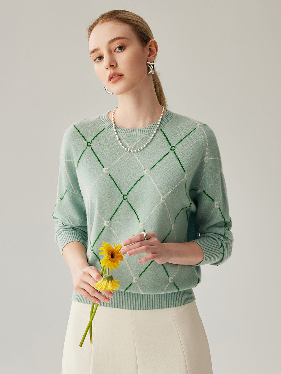 COMOBOCA 100% Cashmere Women's Diamond Patterned Round Neck Sweater