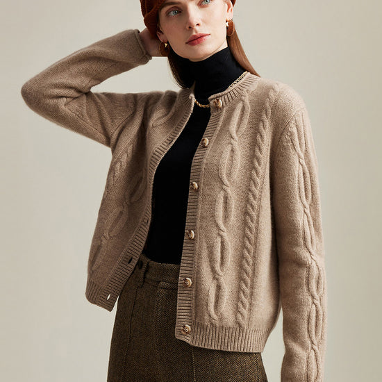 COMOBOCA Camel 100% Cashmere Women's Cable Knit Cardigan