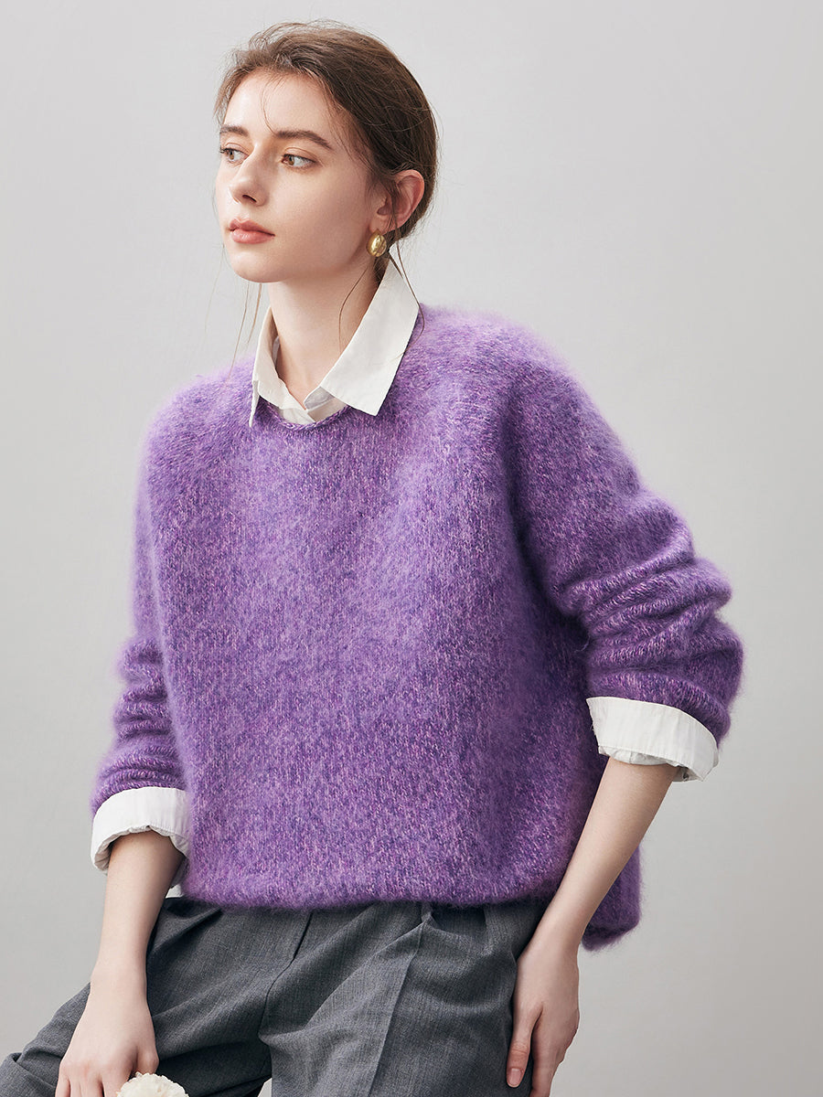 COMOBOCA 100% Wool Women's Fuzzy Round Neck Sweater