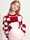 COMOBOCA RED 100% Wool Kids' Color Block Round Neck Sweater