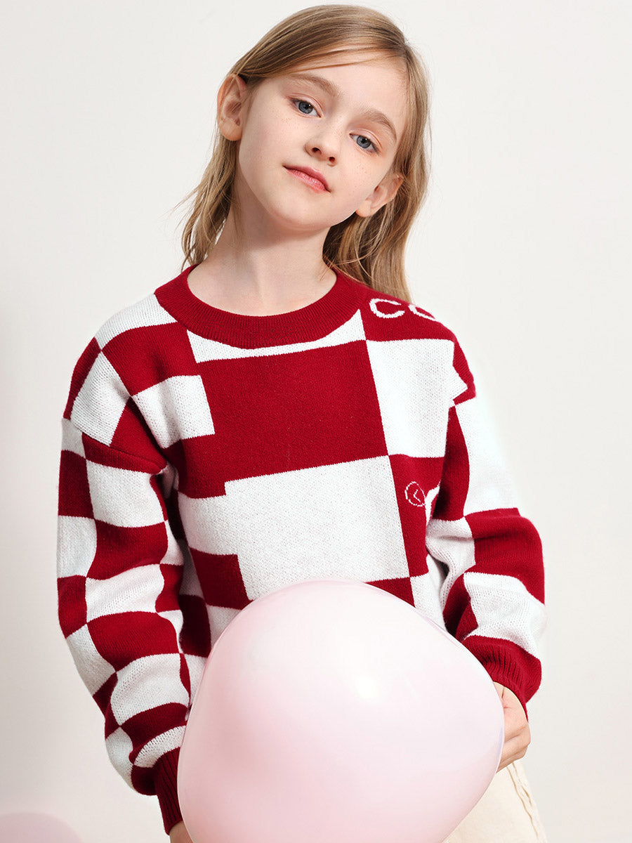 COMOBOCA RED 100% Wool Kids' Color Block Round Neck Sweater