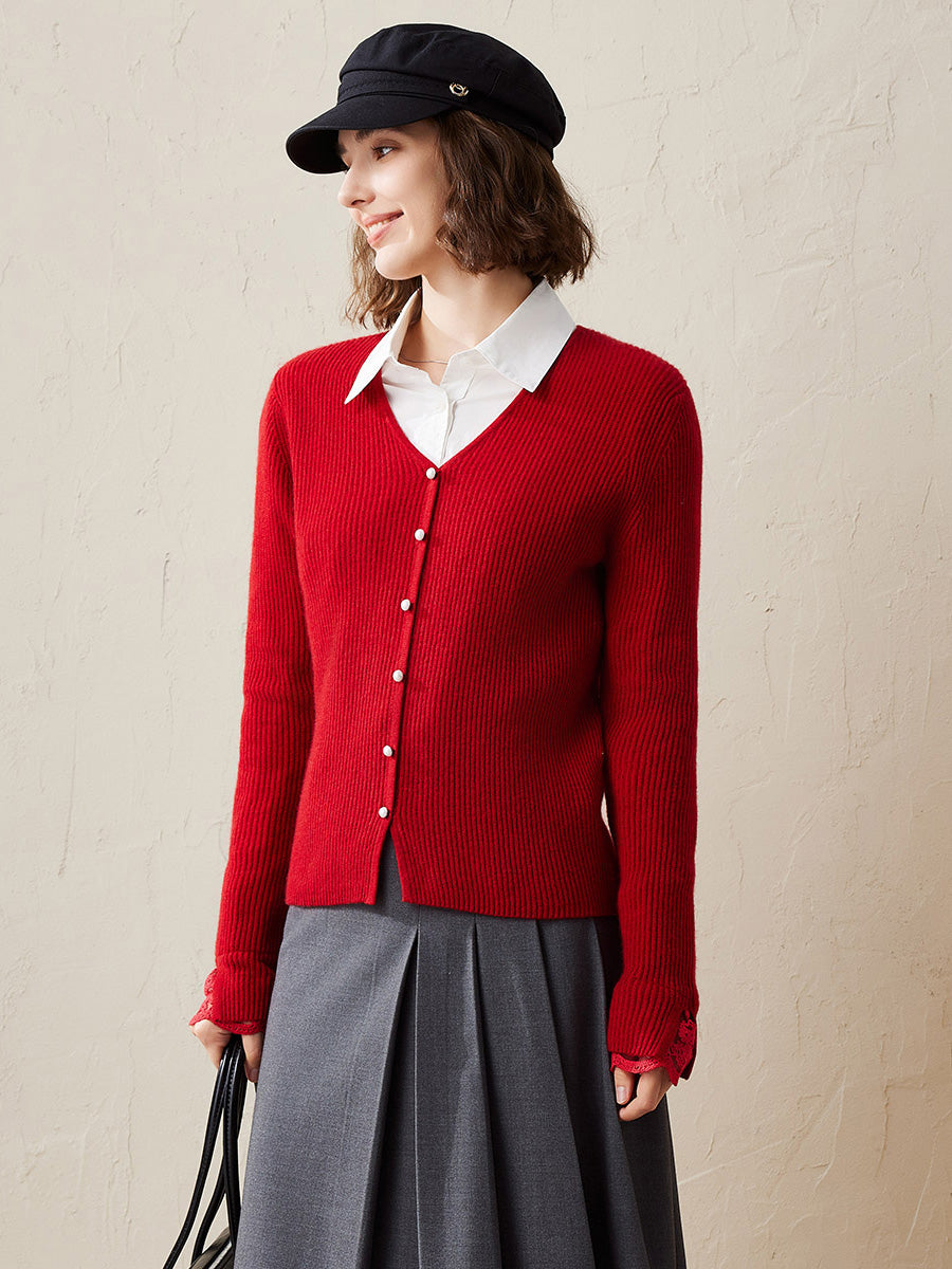 COMOBOCA Red 100% Cashmere Women's Faux Button Sweater with Lace Cuff