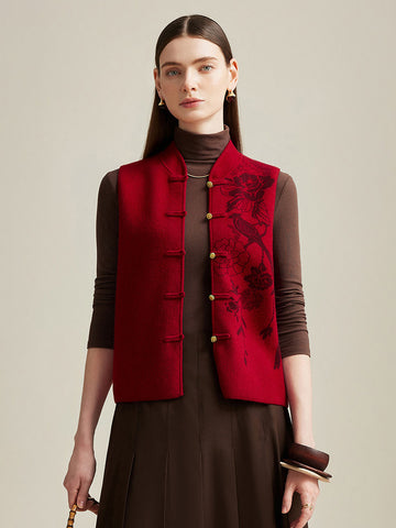 COMOBOCA Red 100% Cashmere Womens Intricate Embroidered Vest