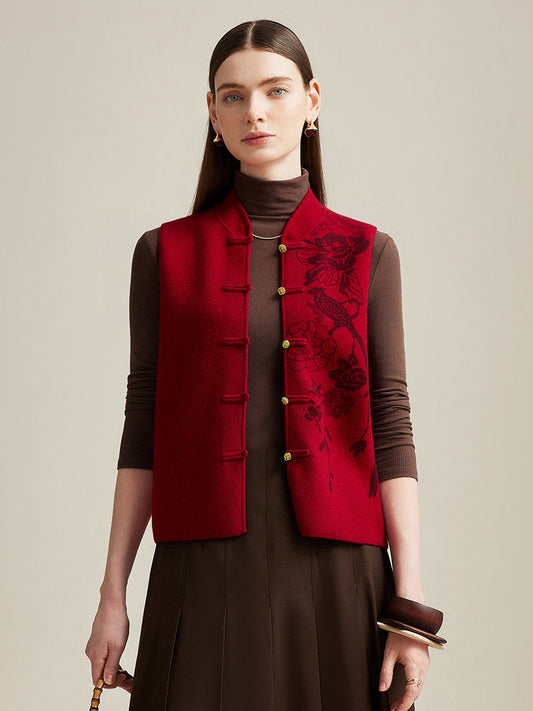 COMOBOCA Red 100% Cashmere Womens Intricate Embroidered Vest
