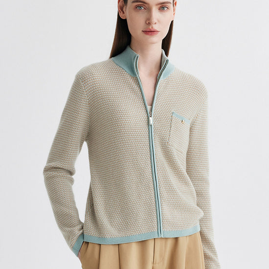 COMOBOCA S Moonlight Green 100% Cashmere Women's Textured Knit Zip Up Cardigan
