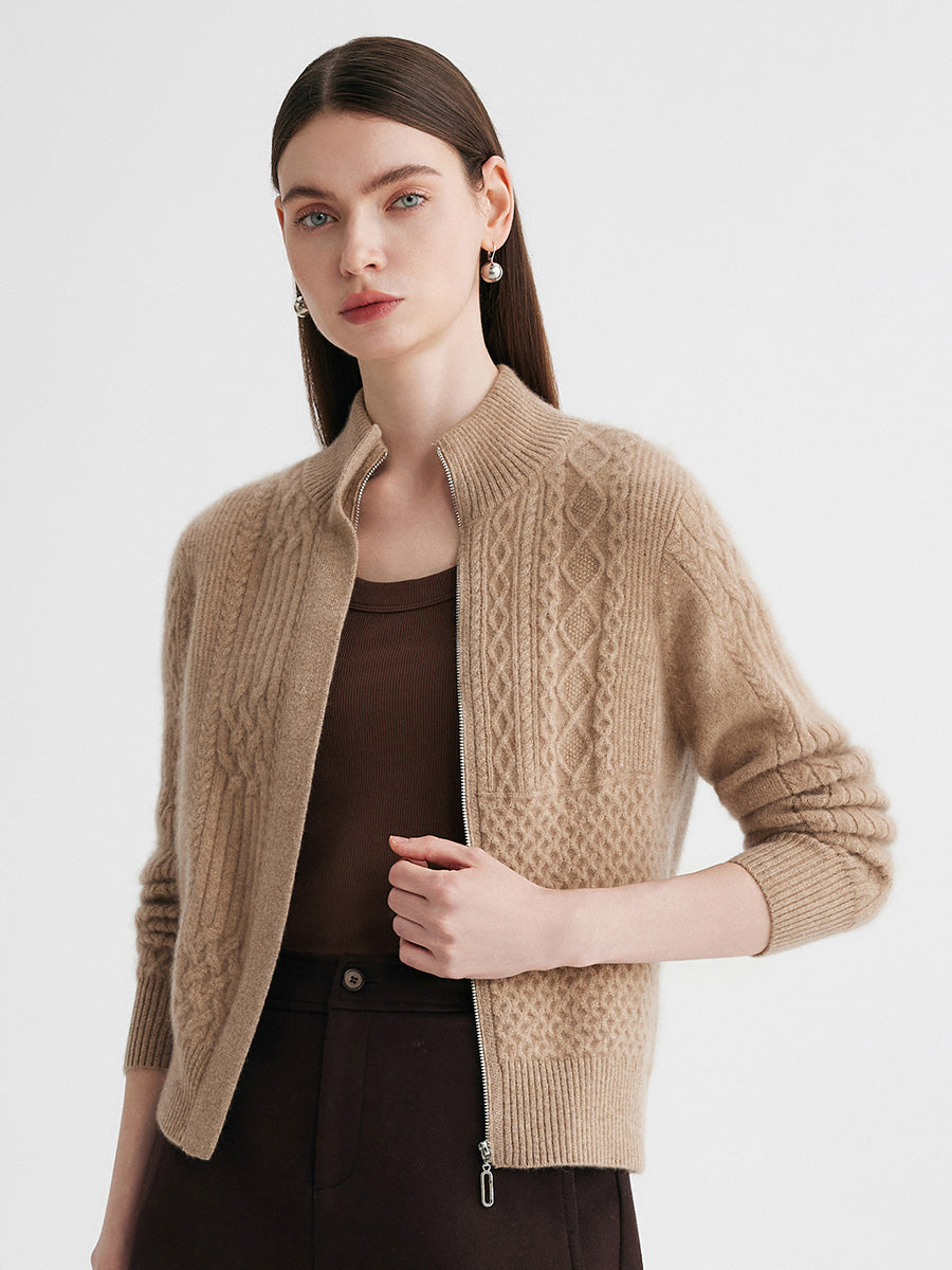 COMOBOCA 100% Cashmere Women's Cable Knit Mock Neck Zip Up Cardigan