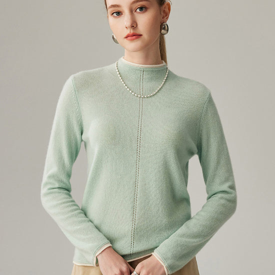 COMOBOCA 100% Cashmere Women's Ribbed Contrast Trim Sweater