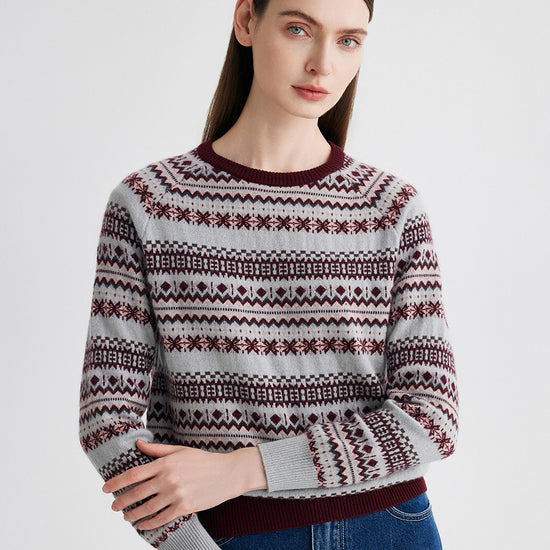 COMOBOCA Fair Isle 100% Cashmere Women's Fair Isle Round Neck Knit Sweater