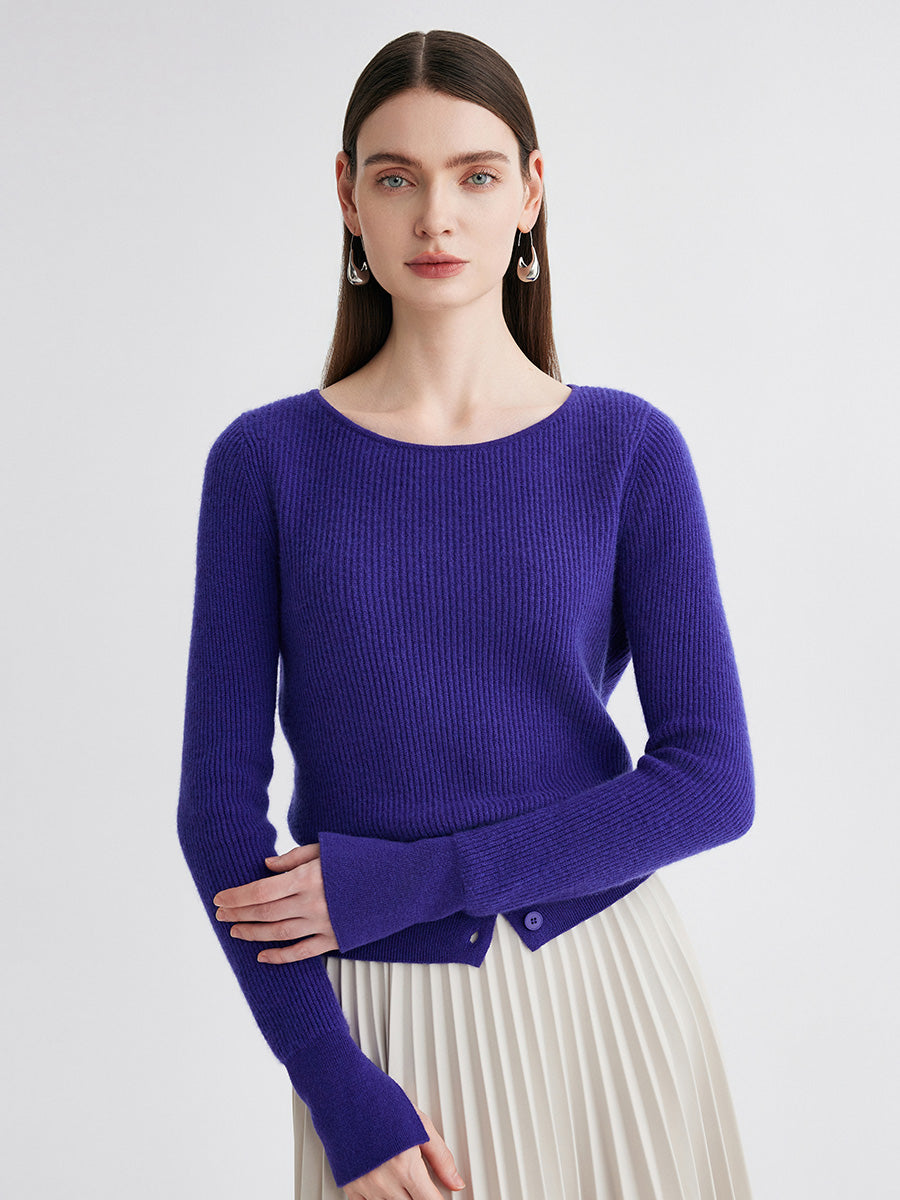 COMOBOCA 100% Cashmere Women's Round Neck Button Ribbed Knit Sweater