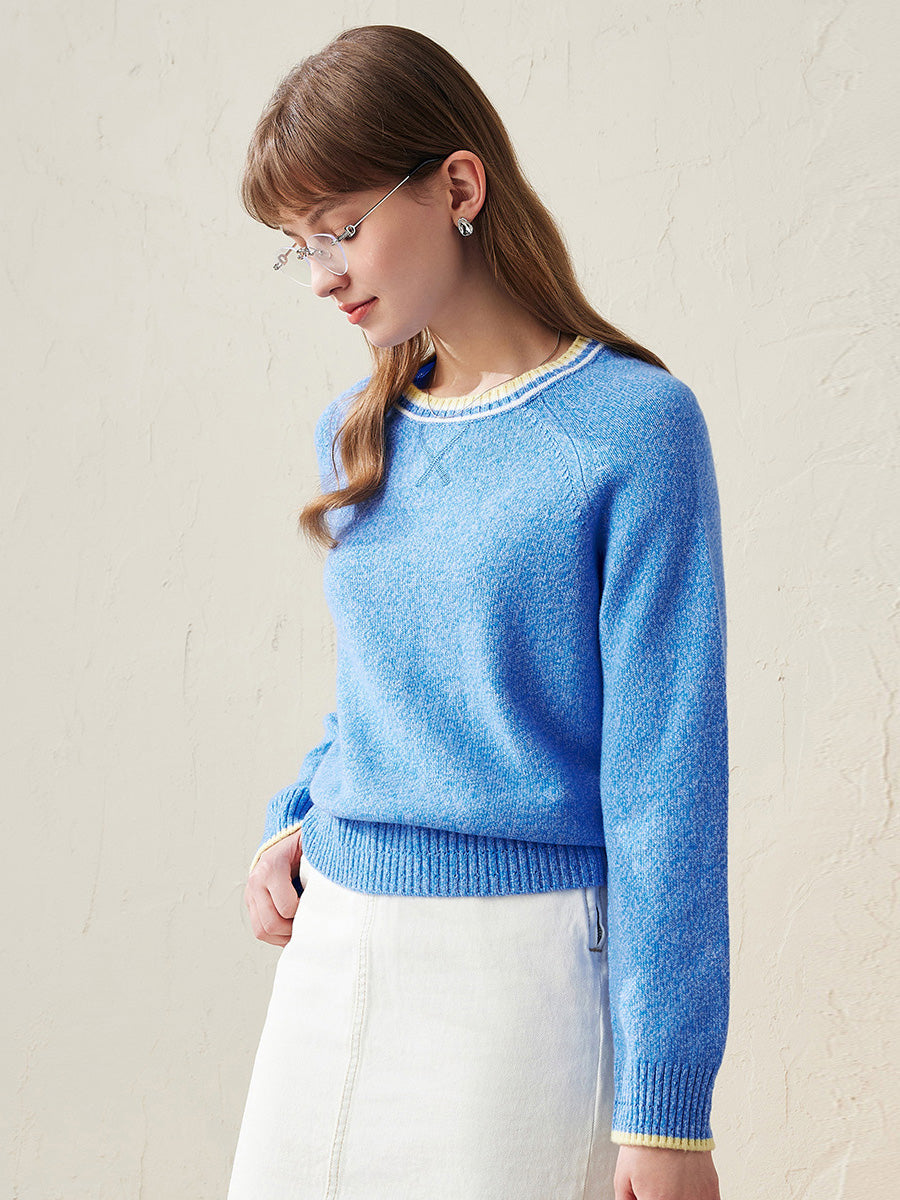 COMOBOCA 100% Wool Women's Contrast Trim Knit Sweater