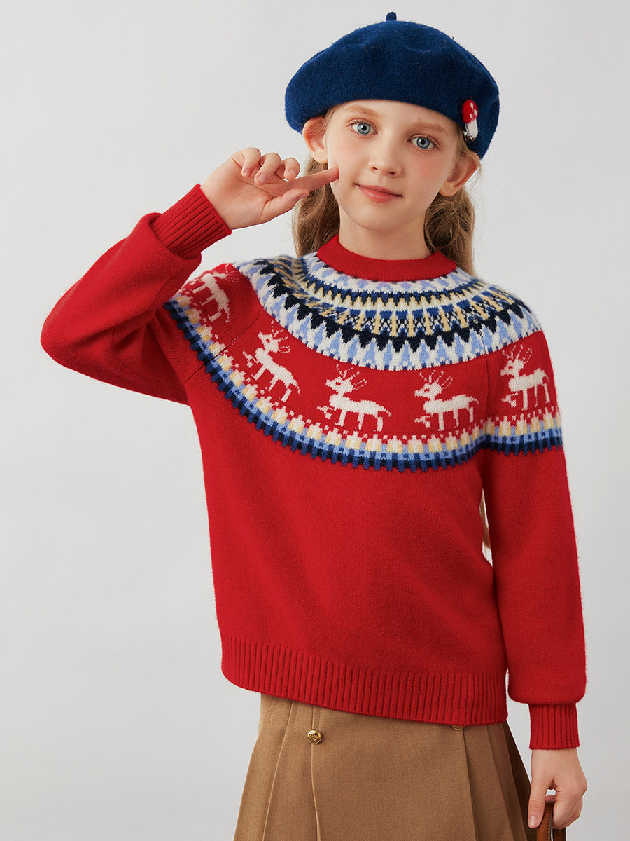 COMOBOCA 100% Wool Kids' Fair Isle Reindeer Round Neck Sweater
