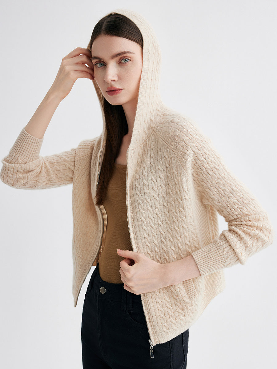 COMOBOCA 100% Cashmere Women's Cable Knit Zip Up Hoodie