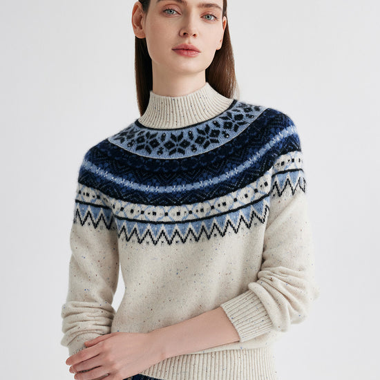 COMOBOCA 100% Cashmere Women's Fair Isle Mock Neck Sweater