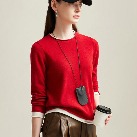 COMOBOCA Red 100% Cashmere Women's Sweater with Contrast Trim