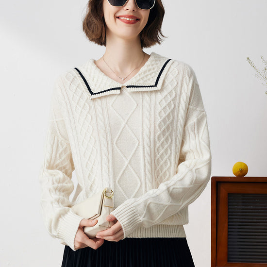 COMOBOCA 100% Cashmere Women's Sailor Collar Cable Knit Sweater