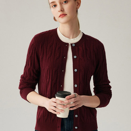COMOBOCA Deep Red 100% Cashmere Women's Cable Knit Button Front Cardigan