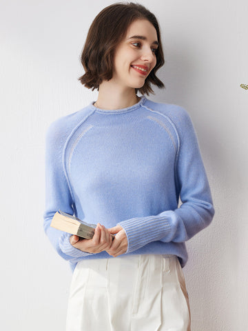 COMOBOCA Light Blue 100% Cashmere Women's Round Neck Ribbed Sweater