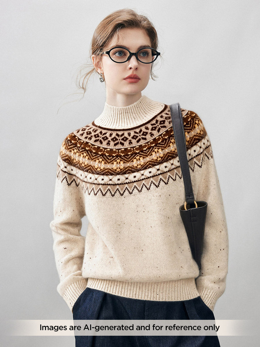 COMOBOCA 100% Cashmere Women's Fair Isle Mock Neck Sweater