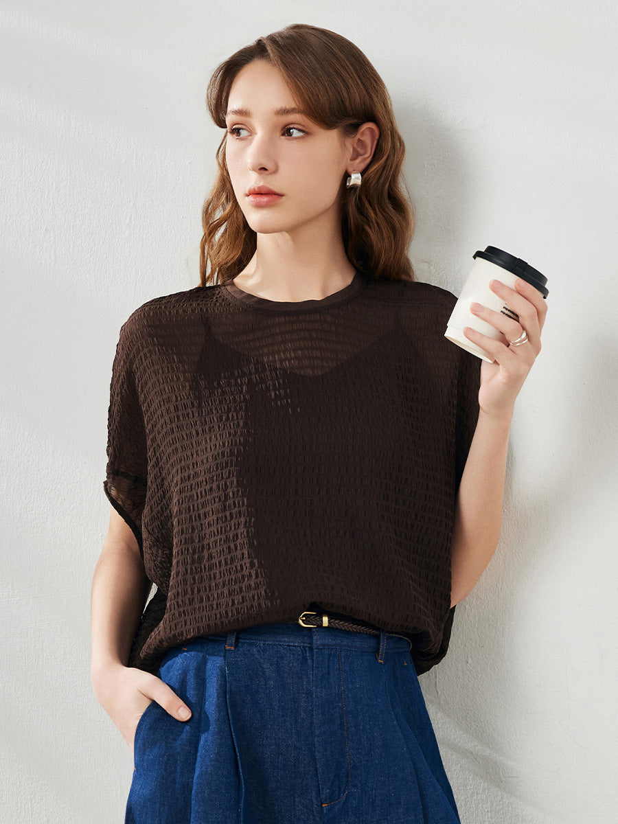 COMOBOCA Women's Crinkle Textured Blouse with Button Closure