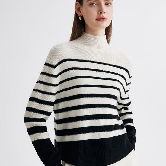 COMOBOCA 100% Cashmere Women's Striped Mock Neck Knit Sweater