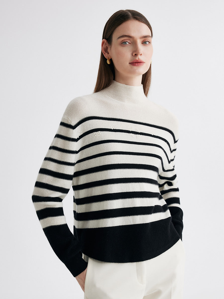 COMOBOCA 100% Cashmere Women's Striped Mock Neck Knit Sweater