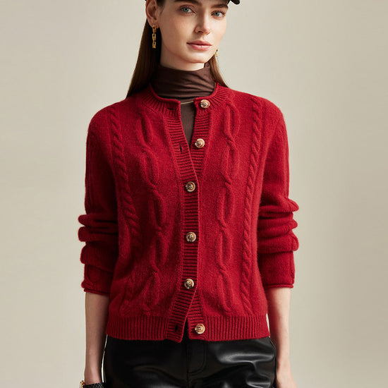 COMOBOCA Red 100% Cashmere Women's Cable Knit Cardigan
