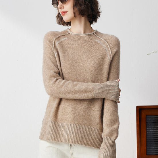 COMOBOCA 100% Cashmere Women's Round Neck Ribbed Sweater