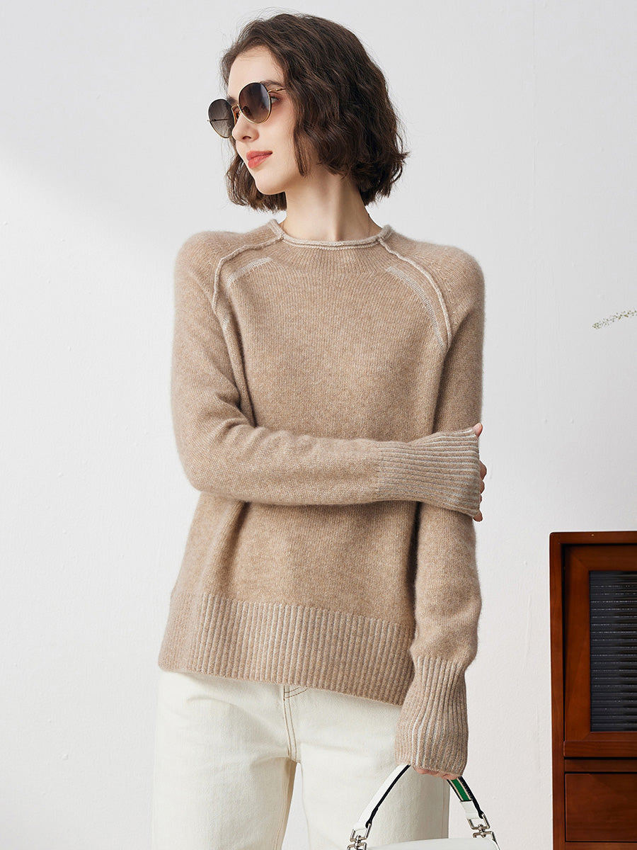 COMOBOCA 100% Cashmere Women's Round Neck Ribbed Sweater