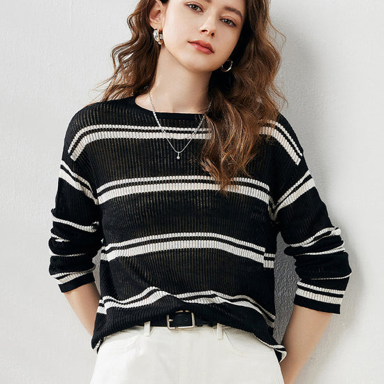 COMOBOCA Women's Striped Ribbed Round Neck Sweater