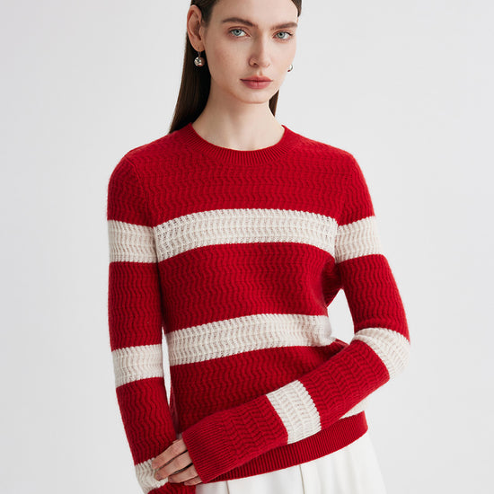 COMOBOCA 100% Cashmere Women's Striped Round Neck Sweater