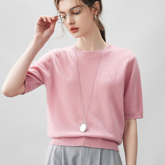 COMOBOCA Pink 100% Cashmere Women's Embroidered Logo Short Sleeve Sweater
