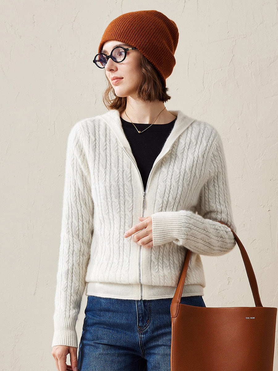 COMOBOCA White 100% Cashmere Women's Cardigan Cable Knit Hoodie