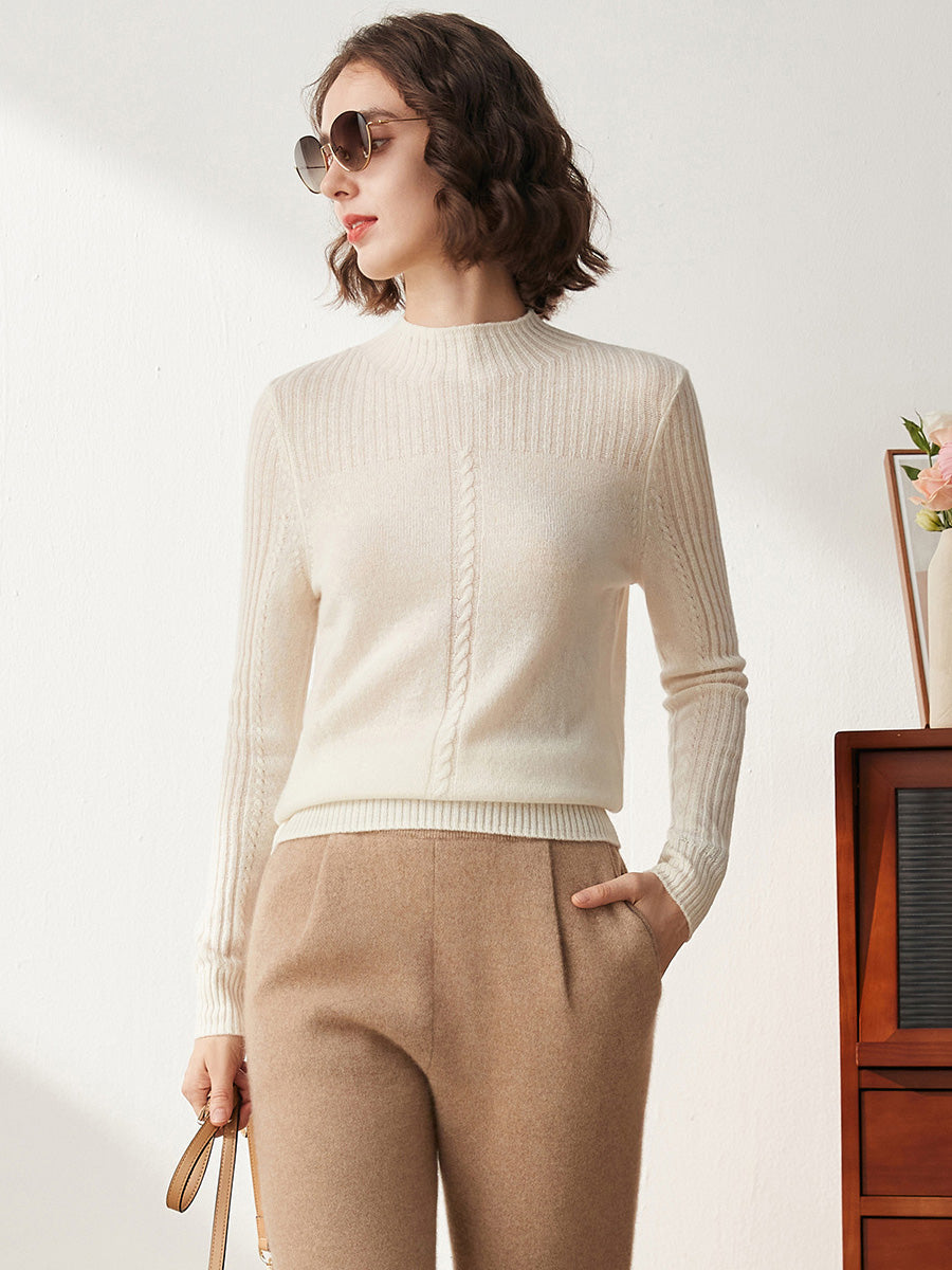 COMOBOCA 100% Cashmere Women's Mock Neck Cable Knit Sweater